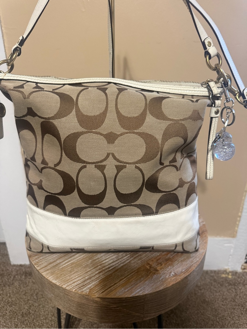 Coach Signature Canvas and Leather Shoulder Bag in Brown/White